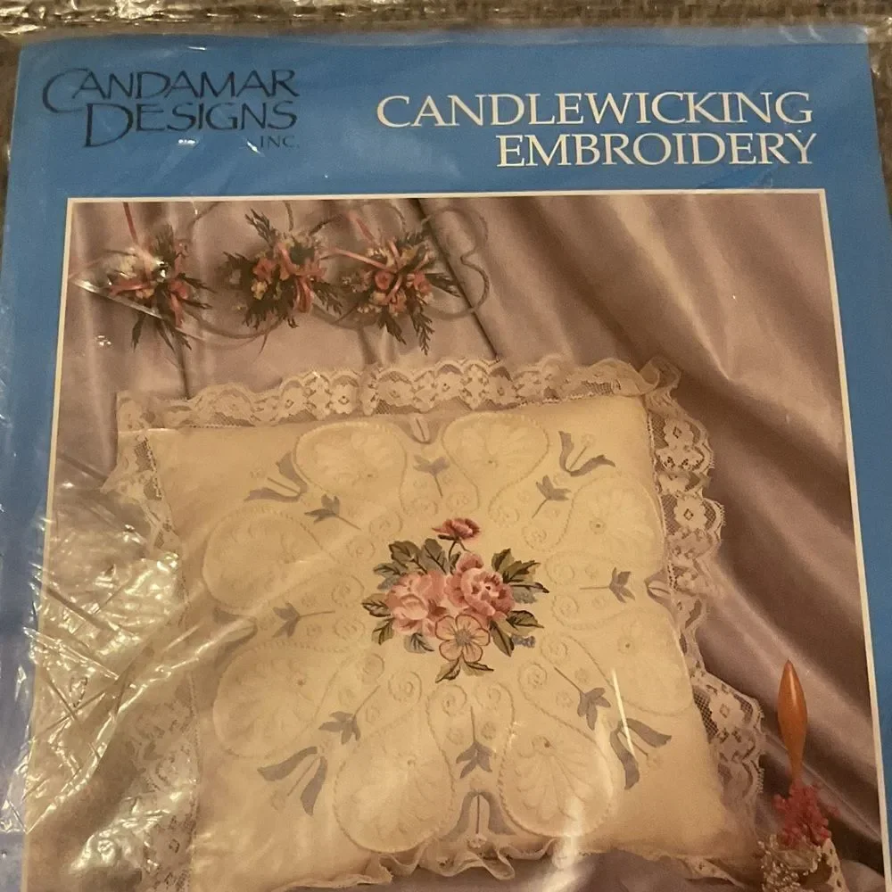 Candamar Designs Roses on Lace Candlewicking Pillow - Cream with Pink Roses